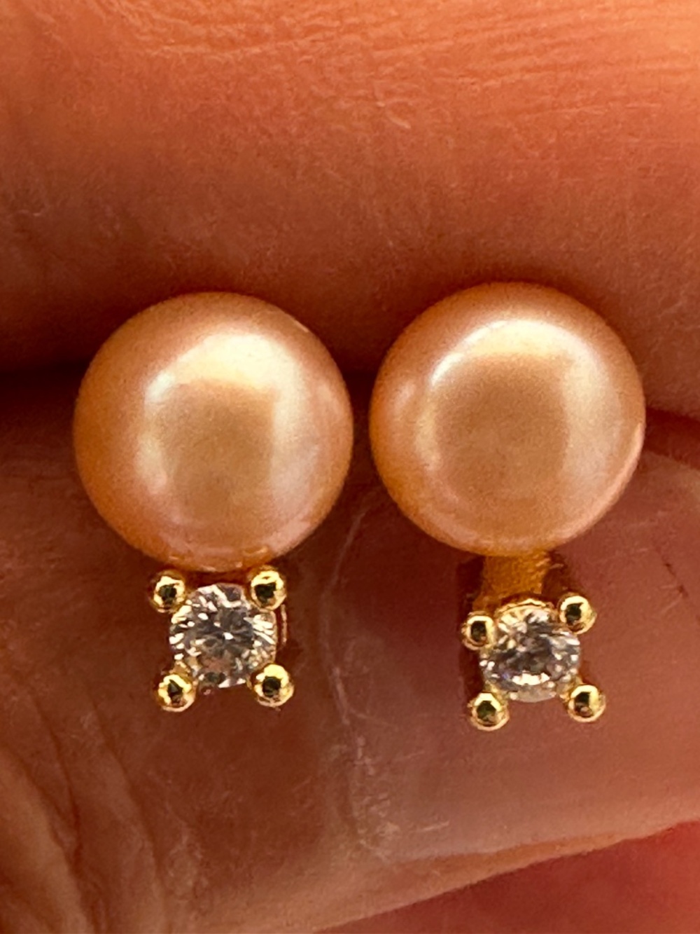 6.8mm NATURAL Peach Cultured Pearls w CZ Accents - 14K Gold Plated Stud Earrings
